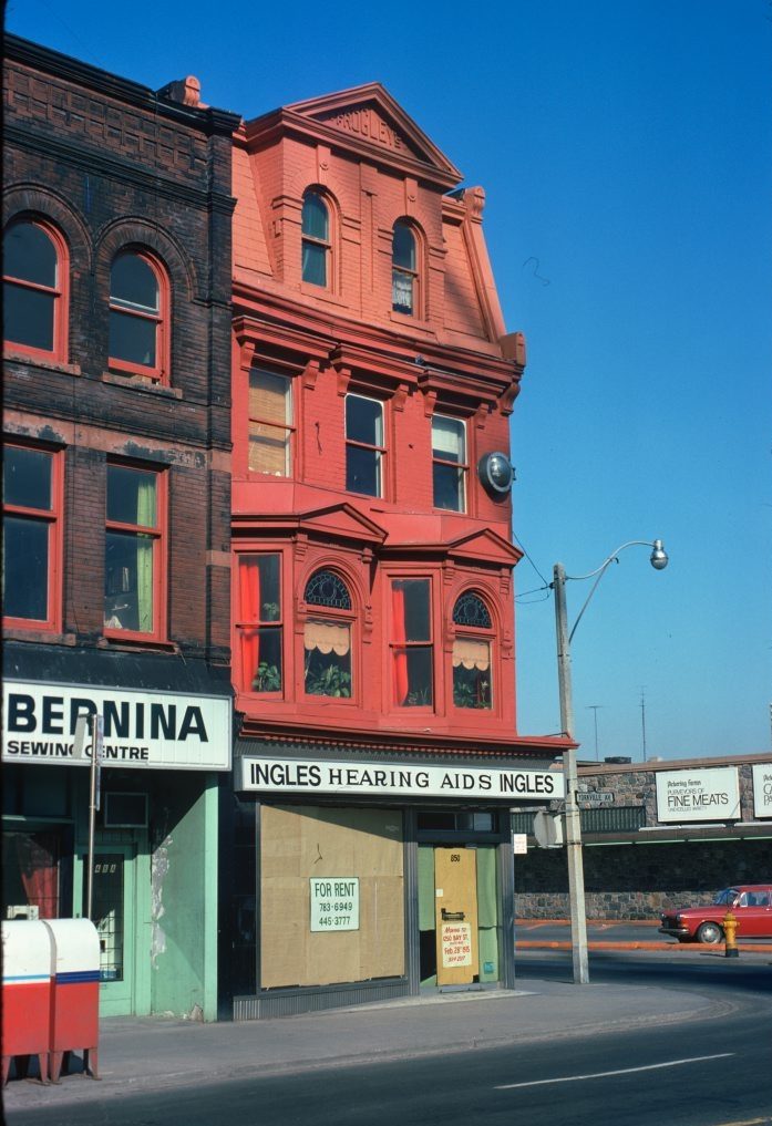 Historic 1973 photo of Yonge Street and Yorkville Avenue intersection, historical site context for 1 Yorkville