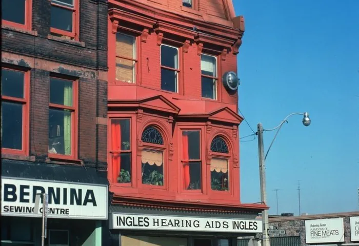 Historic 1973 photo of Yonge Street and Yorkville Avenue intersection, historical site context for 1 Yorkville