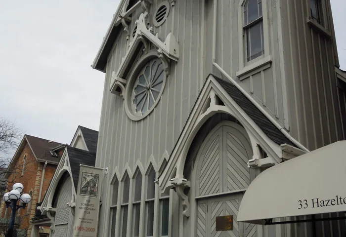 Hazelton Avenue streetscape showing historic Heliconian Hall across from 36 Hazelton